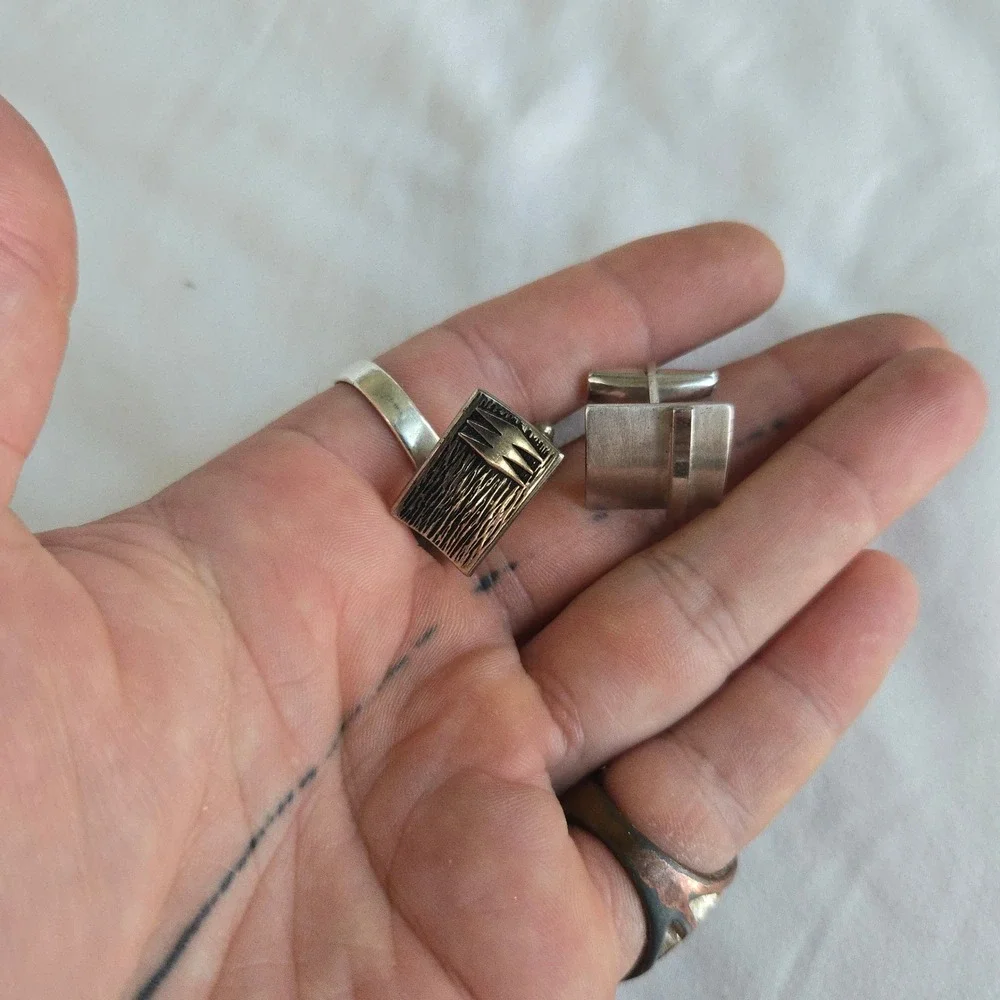 VTG Pioneer Mismatched Cufflinks Silver Tone Men OS Geometric Mid Century Modern